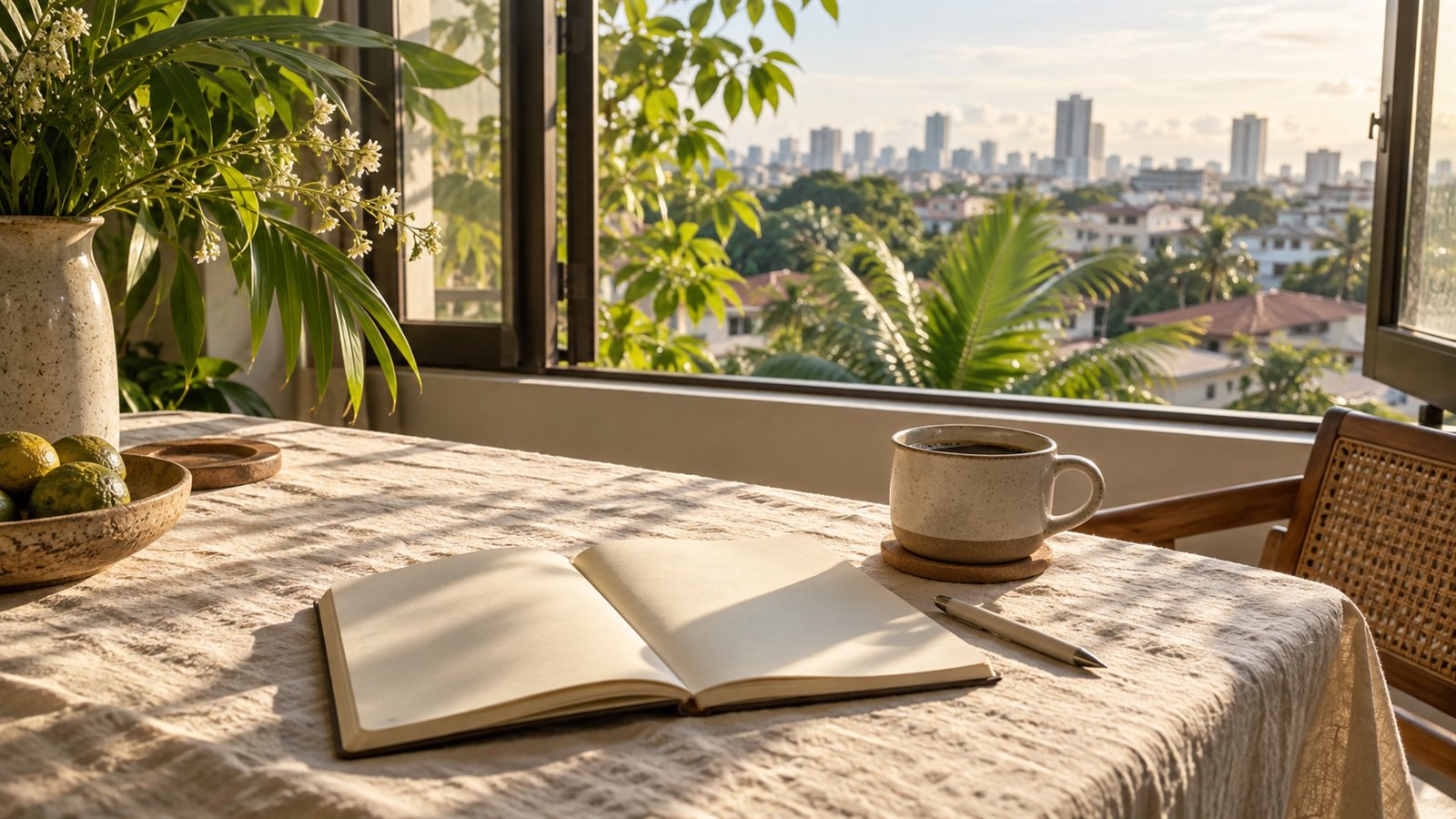 Coffee and an open notebook on a sunlit breakfast table.