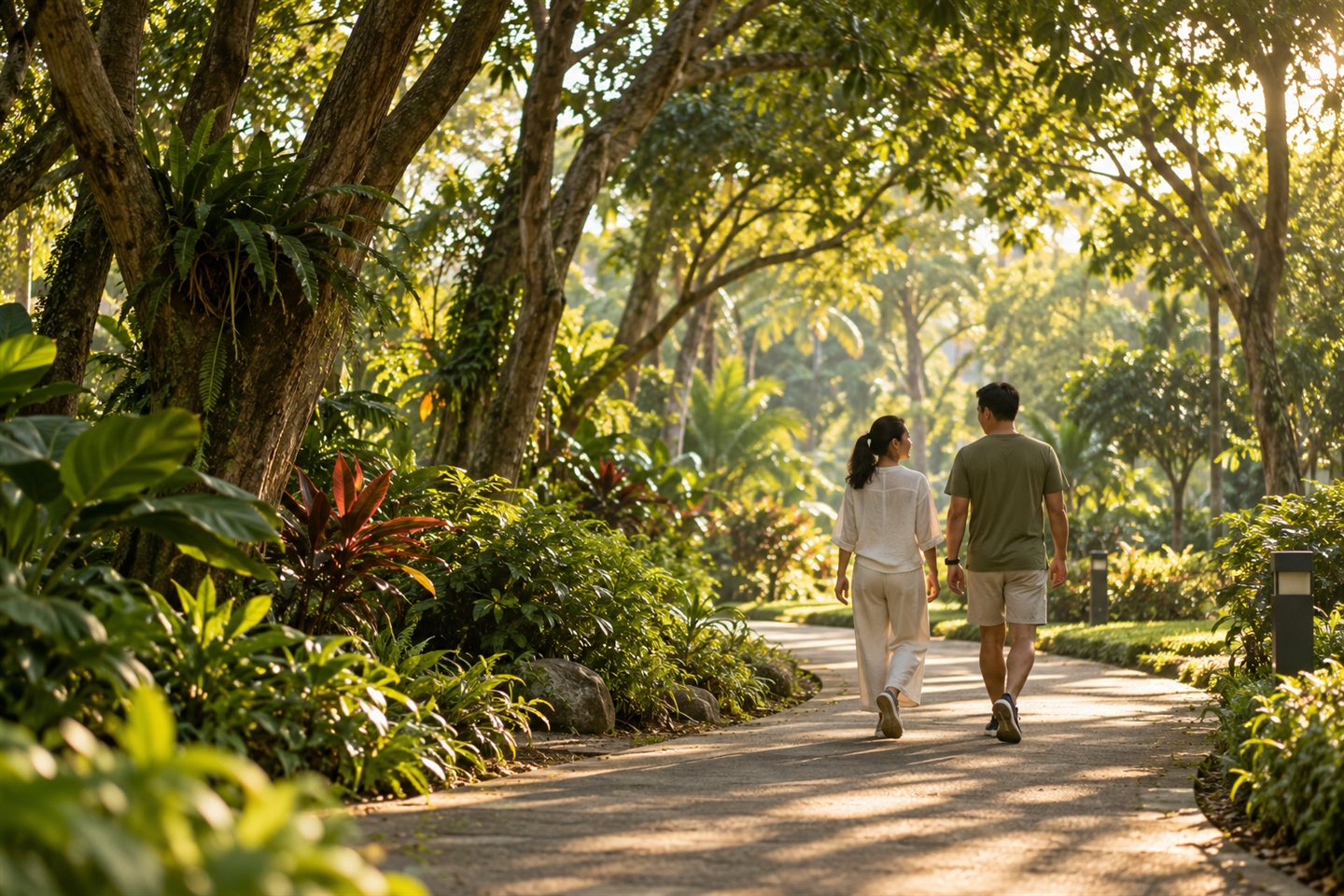 Two adults taking a morning walk along a sunlit, tree-lined path.