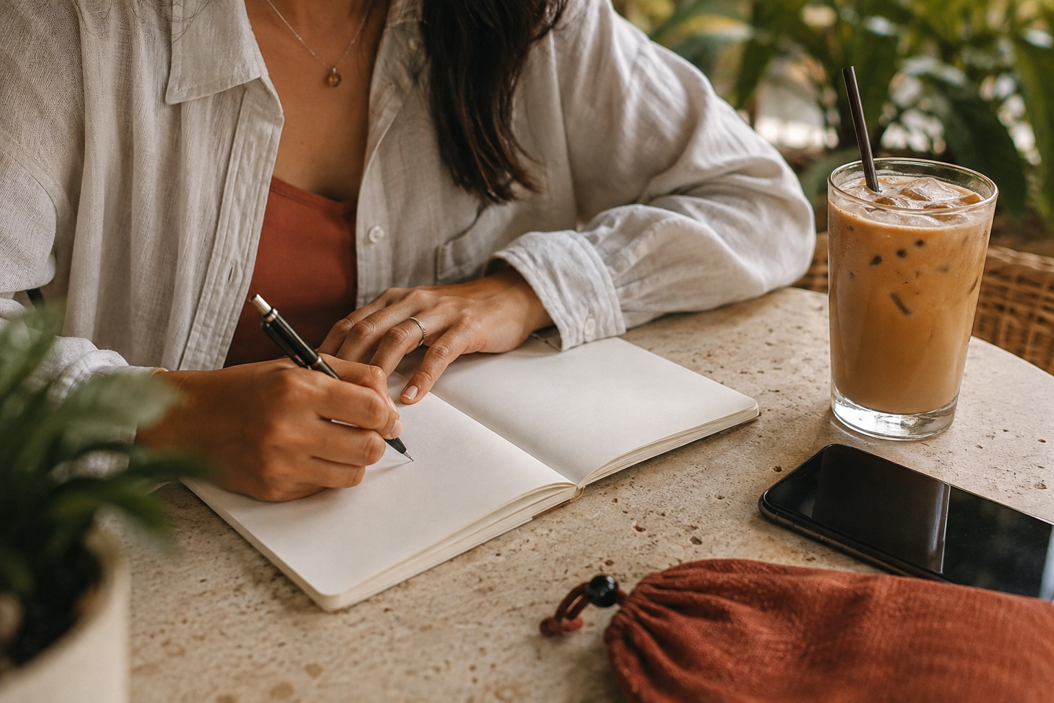 Hands writing in a notebook beside an iced latte at a sunny café table.