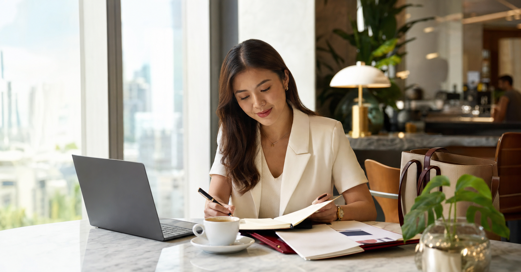 A young Filipino professional reviewing first-job notes in a bright cafe workspace.