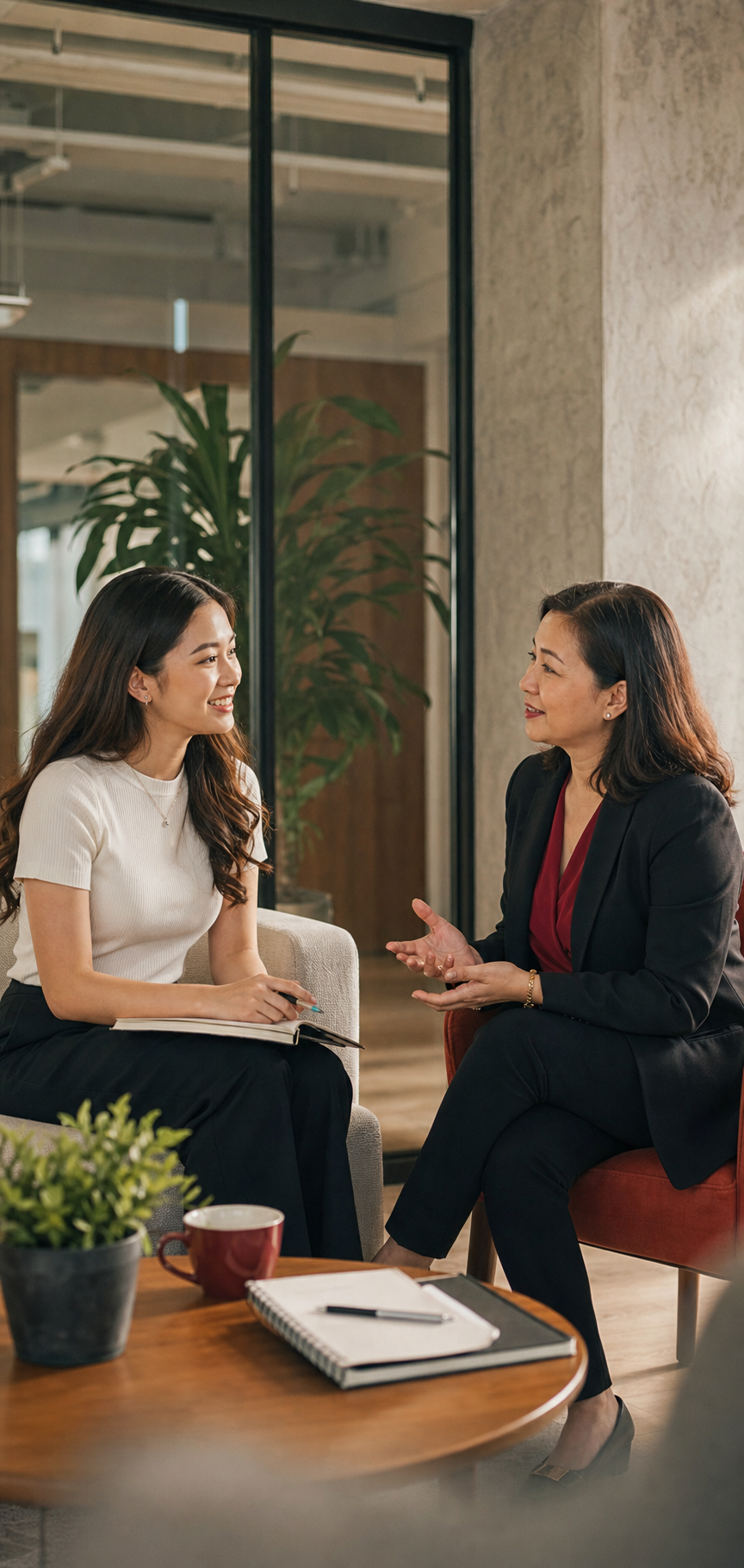 A young professional speaking with a mentor in a warm modern office lounge.