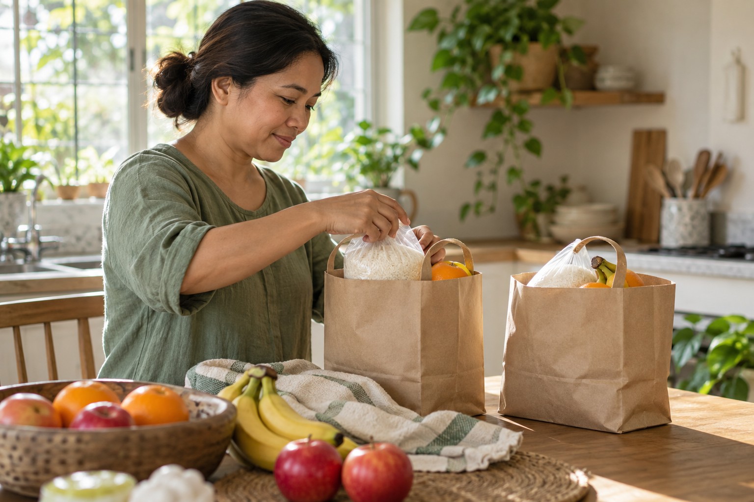 A person preparing grocery care bags at a sunlit kitchen table.