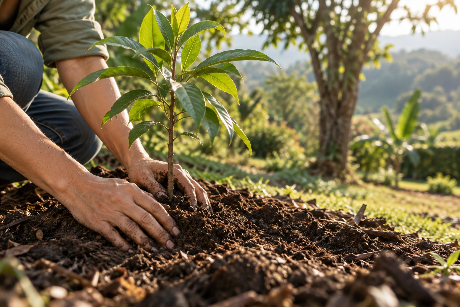 Hands gently planting a young tropical tree in a sunlit garden.