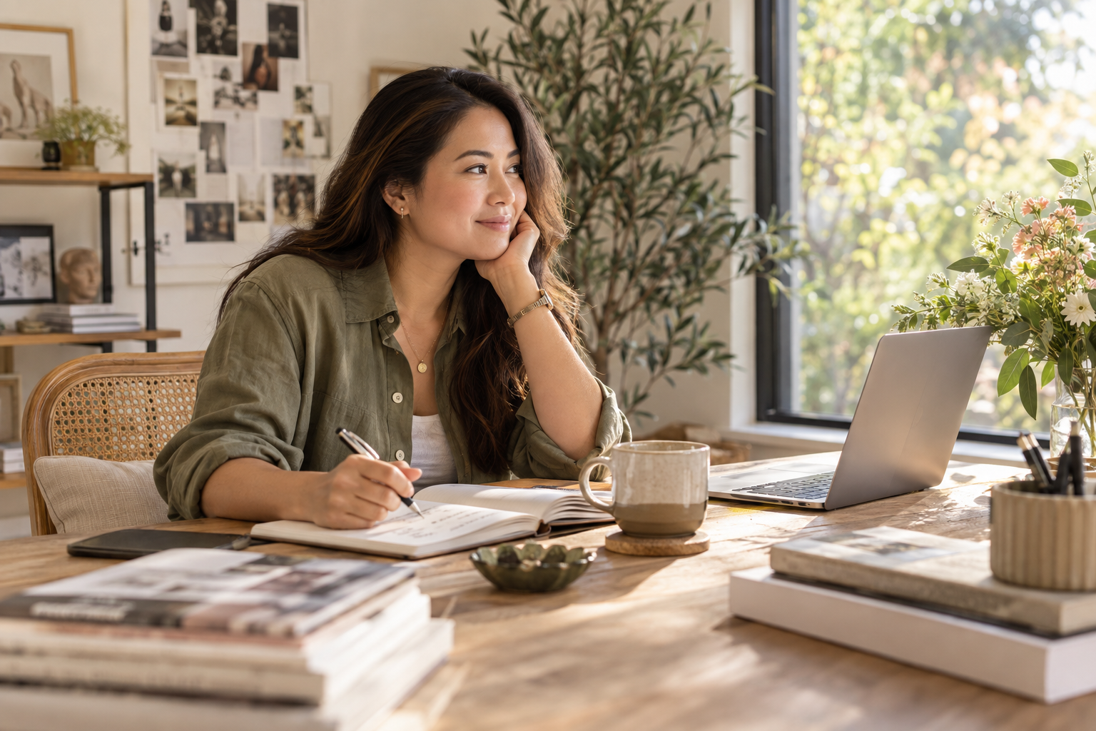 A Filipino entrepreneur planning her week in a sunlit home studio.
