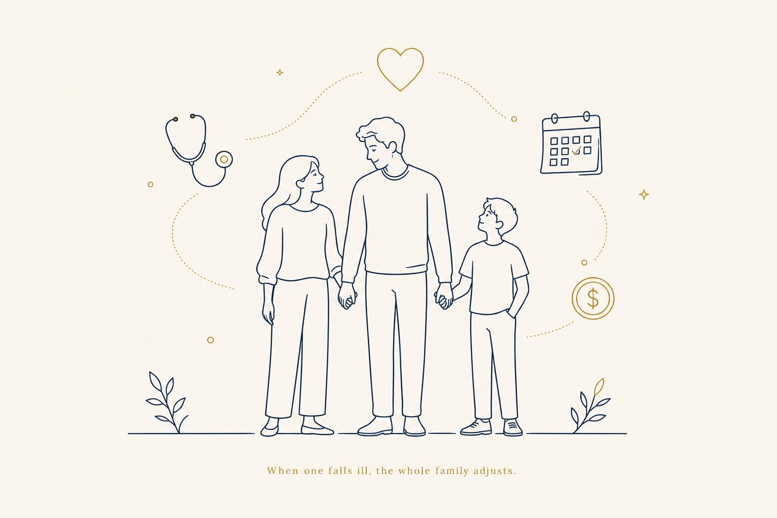 A family standing together, supporting one another through illness