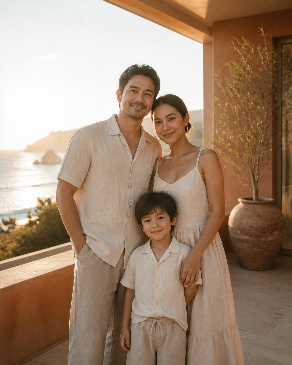 A family standing by a coastal home at golden hour, used as a lifestyle-magazine style cover image for long-term protection and planning.