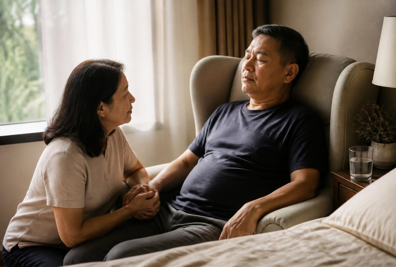 A husband and wife sitting together at home during recovery from a serious illness.