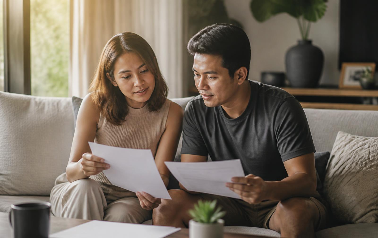 A couple reviewing their policy documents together at home.