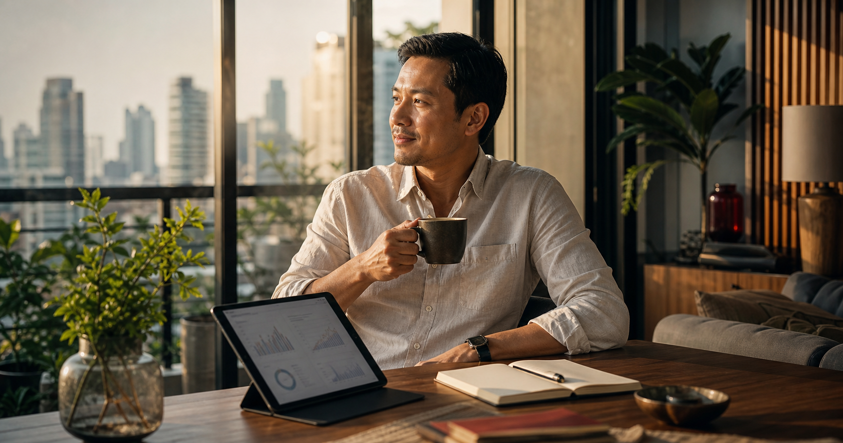 A professional enjoying coffee in a sunlit home with a city view and financial charts on a tablet.