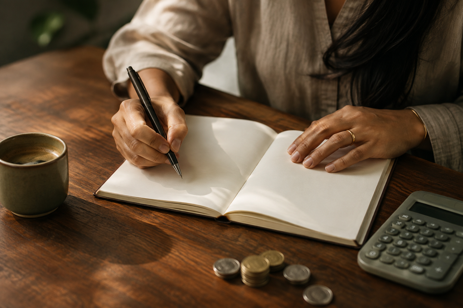 A quiet planning moment: a notebook, calculator, and coins on a sunlit wooden table.